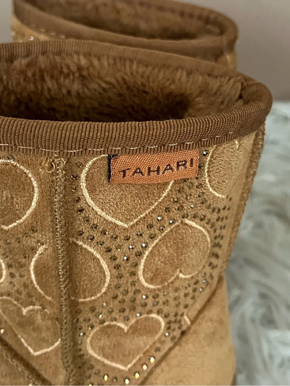 {Tahari} Faux Fur Boots with Embroidered Hearts & Rhinestones - Youth 12